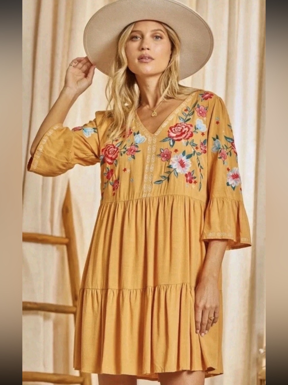Savanna Jane Mustard Embroidered‎ V-Neck Peasant Dress Small Hippie Festival